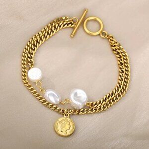 NWT 14K Gold Plated Two Strands Coin Charm Pearl Bracelet 7”